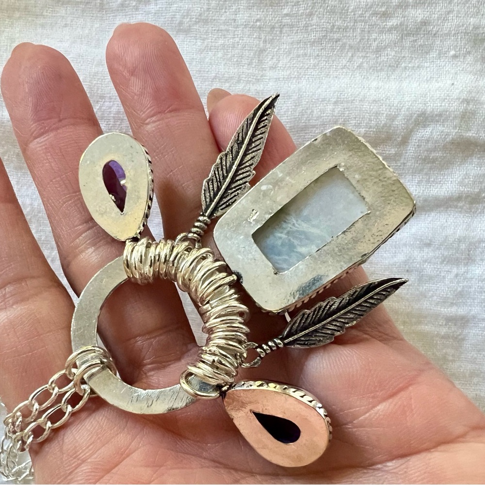 925 WOW WOW!! Amazing! Rainbow Flash Moonstone + Amethyst Feather Necklace - Picture 9 of 10